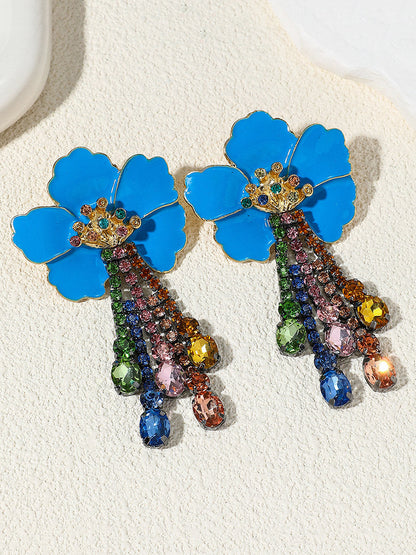 Flower Shape Rhine Stones Tasseled Earrings Accessories