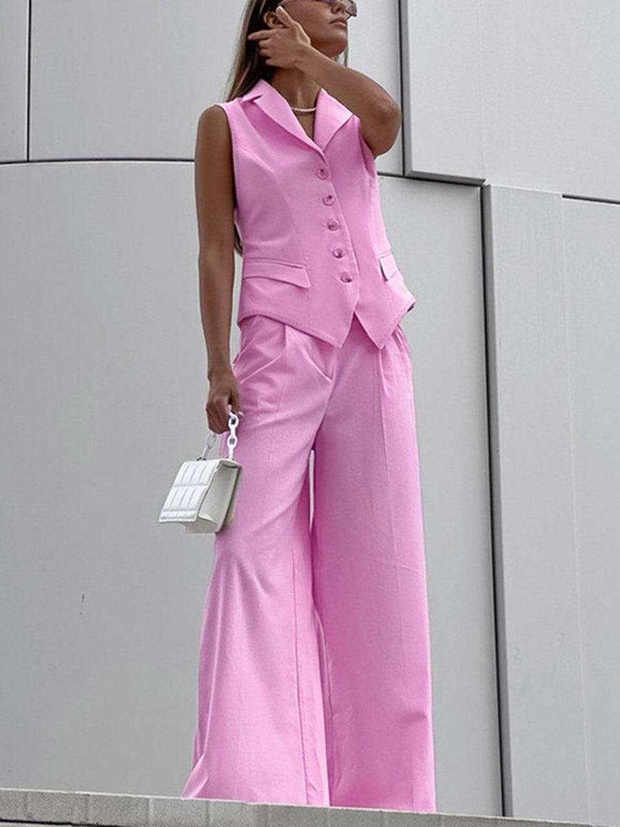 Loose Sleeveless Buttoned Elasticity Pleated Solid Color Lapel Pants Trousers Two Pieces Set Vest Top
