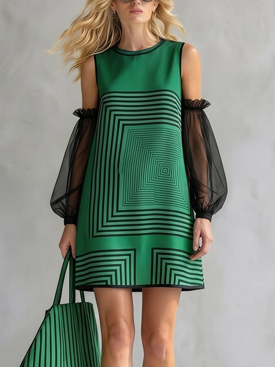 A-Line Long Sleeves Contrast Color Printed Ruffled See-Through Round-Neck Mini Dresses
