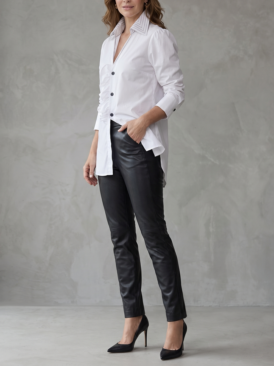 Striped Ruffle Trim Buttoned Loose Long Sleeves Stand Collar Blouses&shirts Tops