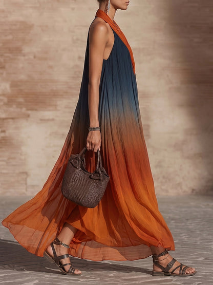 Pleated Contrast Color Sleeveless Loose Halter-Neck Maxi Dresses