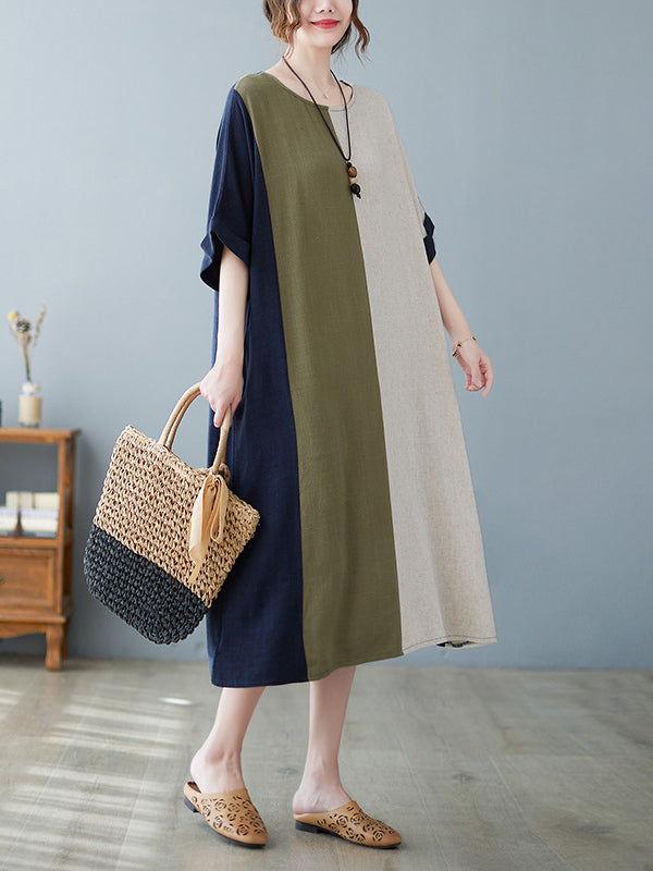 Robes mi-longues amples à manches mi-longues et col rond de couleur contrastée 