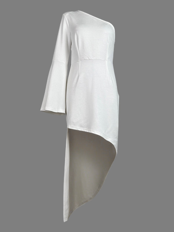 Robe longue asymétrique à manches longues et col asymétrique, couleur unie 