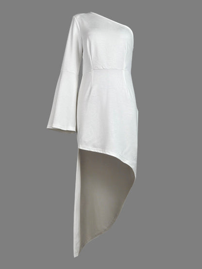 Robe longue asymétrique à manches longues et col asymétrique, couleur unie 