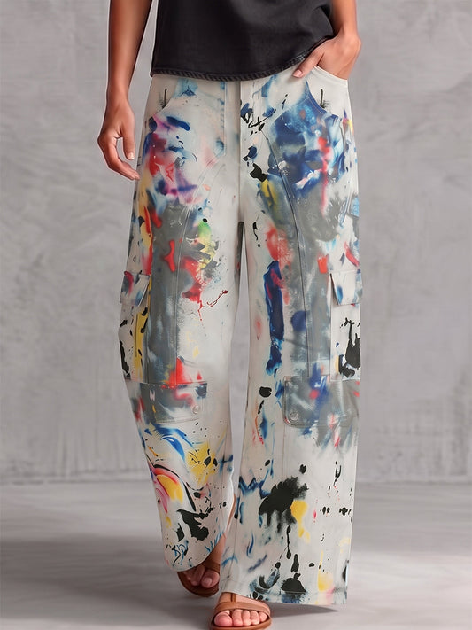Pockets Graffiti Printed Contrast Color Buttoned Wide Leg High Waisted Trousers Pants