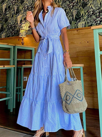High Waisted Short Sleeves Buttoned Pleated Striped Tied Waist Lapel Maxi Dresses Shirt Dress
