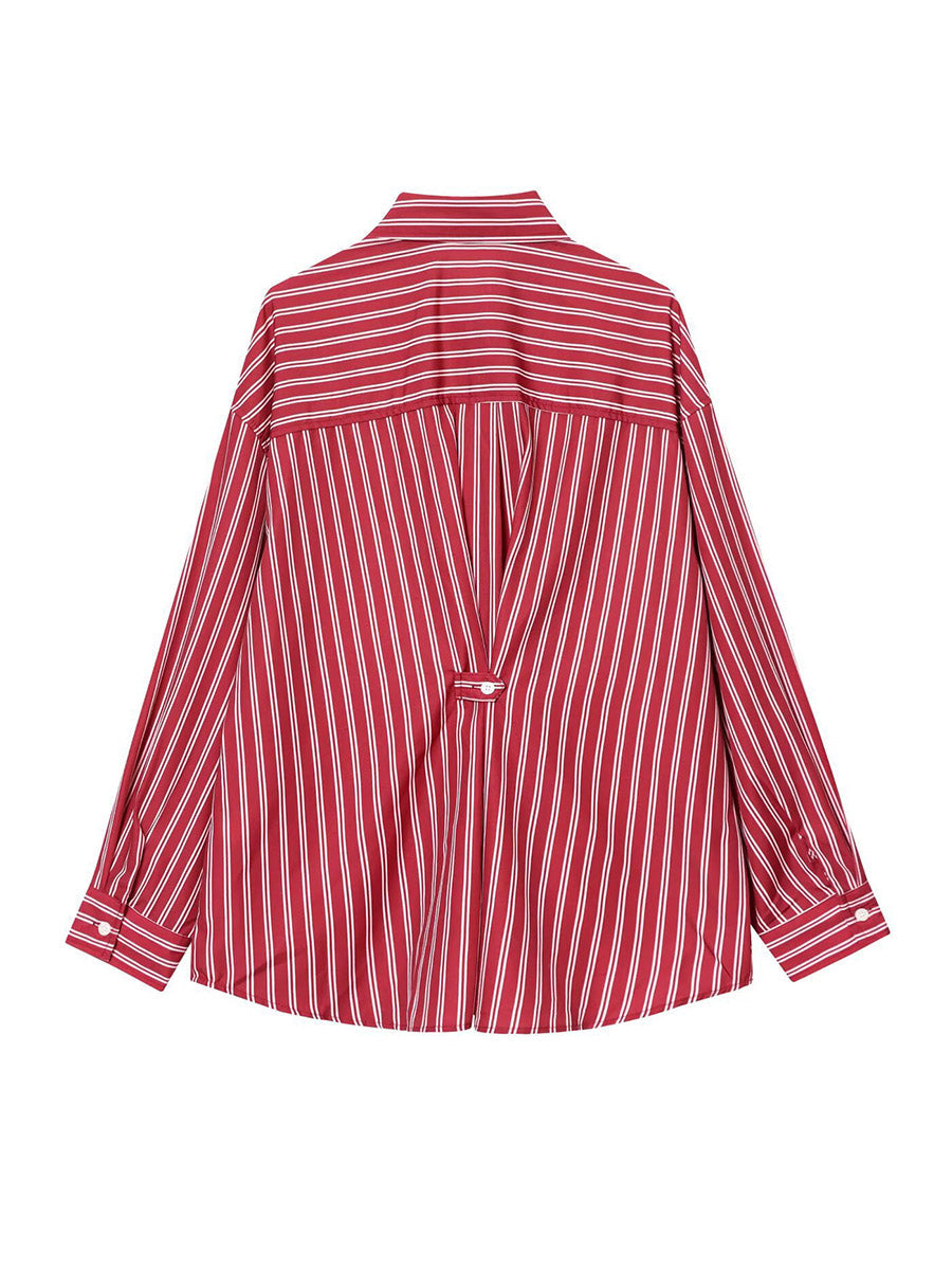 Striped Contrast Color Buttoned Loose Long Sleeves Lapel Blouses&shirts Tops