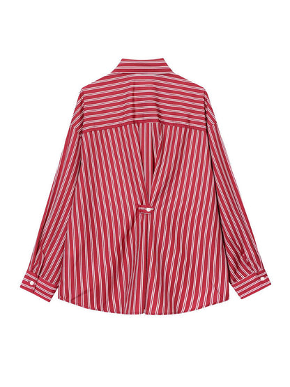 Striped Contrast Color Buttoned Loose Long Sleeves Lapel Blouses&shirts Tops