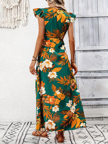 High-Low Loose Flower Print Split-Joint V-Neck Maxi Dresses