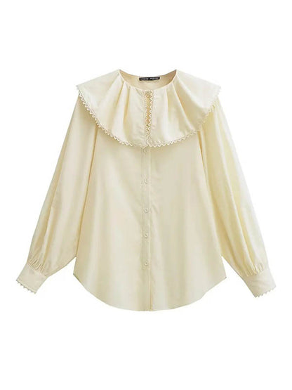Loose Puff Sleeves Pleated See-Through Solid Color Split-Joint Peter Pan Collar Blouses&Shirts Tops