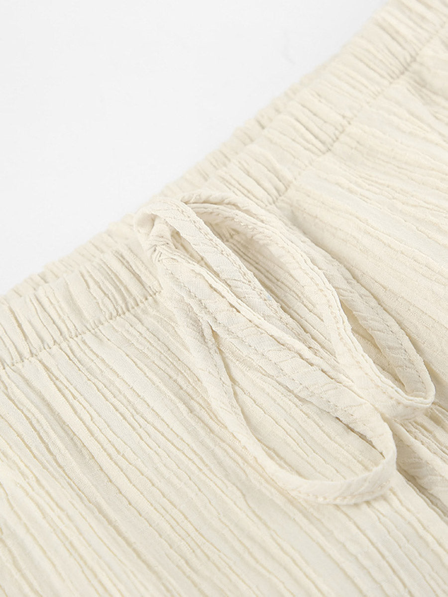 Solid Color Halter-Neck Cropped Pleated Split-Joint Tank Top + High Waisted Elasticity Tied Waist Pants Trousers Two Pieces Set