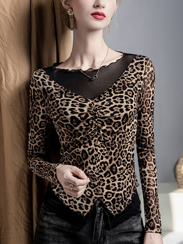 False Two Long Sleeves Leopard Pleated Split-Joint Boat Neck T-Shirts Tops