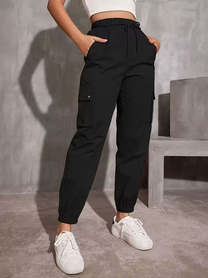 High Waisted Elasticity Pockets Solid Color Split-Joint Tied Waist Cargo Pants Trousers
