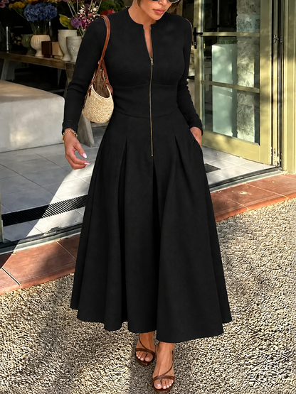 Zipper Solid Color Pockets Long Sleeves High Waisted Round-neck Maxi Dresses