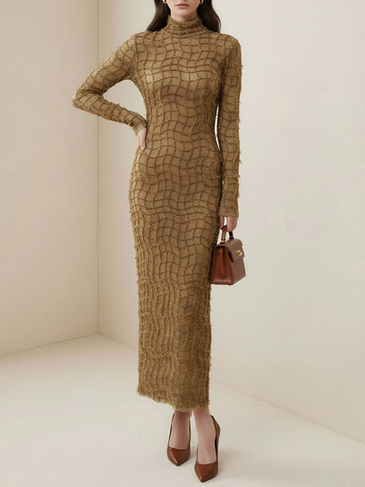 Bodycon Long Sleeves Checkered Solid Color Textured Zipper Half Turtleneck Maxi Dresses