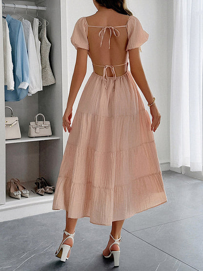 A-Line Loose Backless Pleated Solid Color Tied V-Neck Midi Dresses