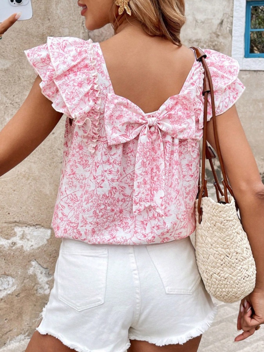 Ruffle Sleeves Short Sleeves Backless Bow-Embellished Flower Print Pleated Square-Neck Blouses&Shirts Tops