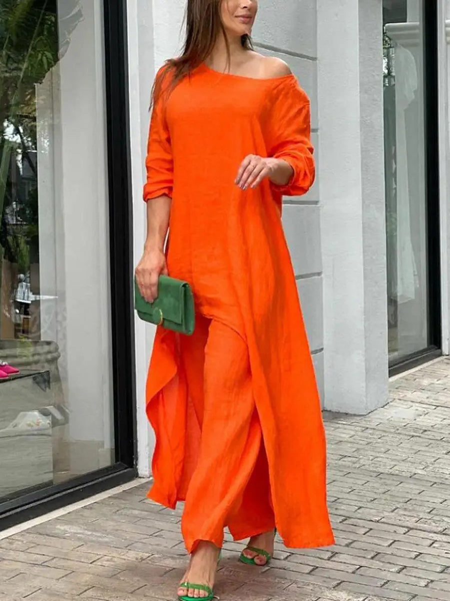 Asymmetric Solid Color High Waist High-Low Round-Neck Tops + Wide Leg Pants Bottoms Two Pieces Set
