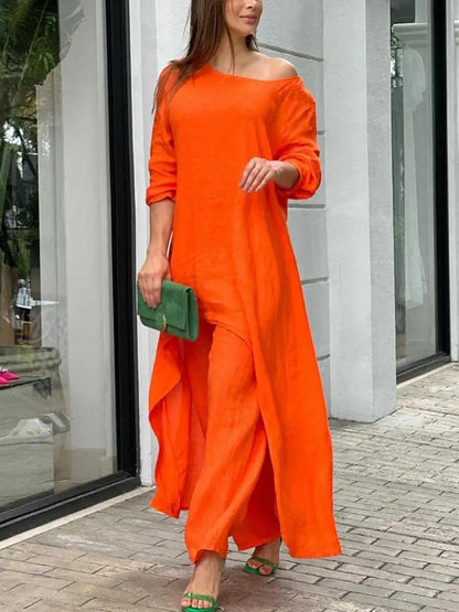 Asymmetric Solid Color High Waist High-Low Round-Neck Tops + Wide Leg Pants Bottoms Two Pieces Set