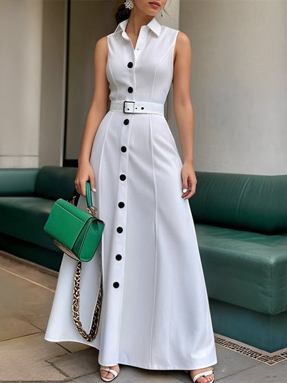 A-Line High Waisted Belted Buttoned Solid Color Lapel Maxi Dresses
