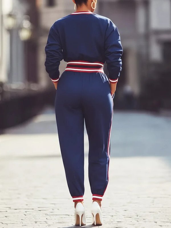 High Waisted Long Sleeves Pockets Striped Zipper Round-Neck Jumpsuits