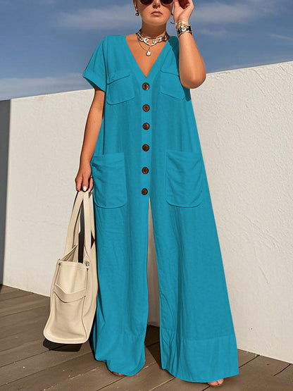 Loose Short Sleeves Buttoned Pockets Solid Color V-Neck Jumpsuits