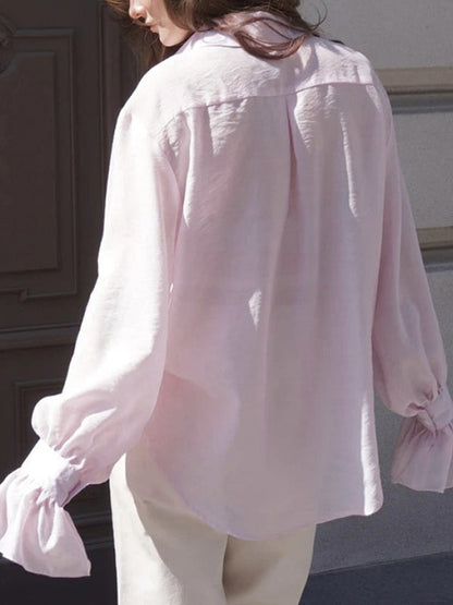 Loose Puff Sleeves Pleated Solid Color Split-Joint Lapel Blouses&Shirts Tops