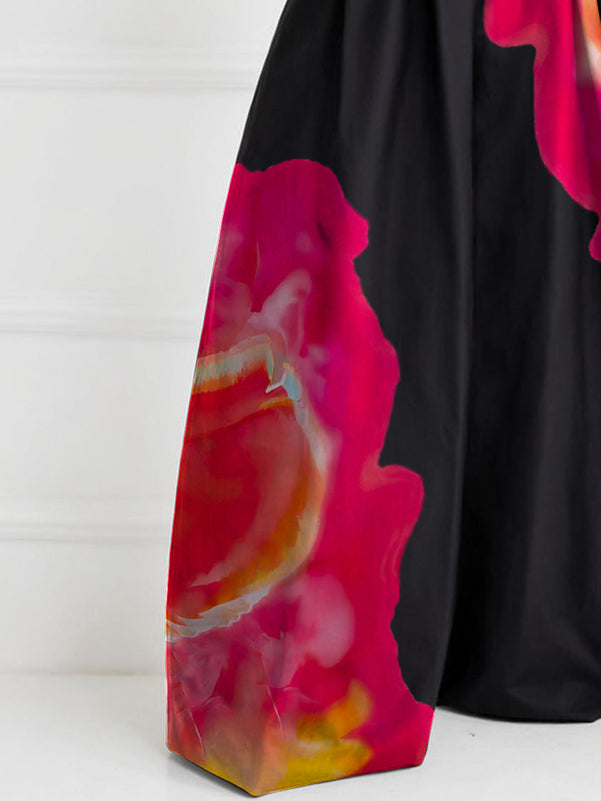 High Waisted Wide Leg Asymmetric Contrast Color Floral Printed Split-Joint Pants Trousers