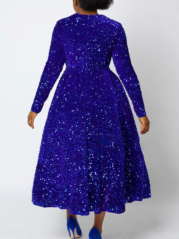 Robe longue trapèze taille haute à paillettes, fermeture éclair fendue et col rond 