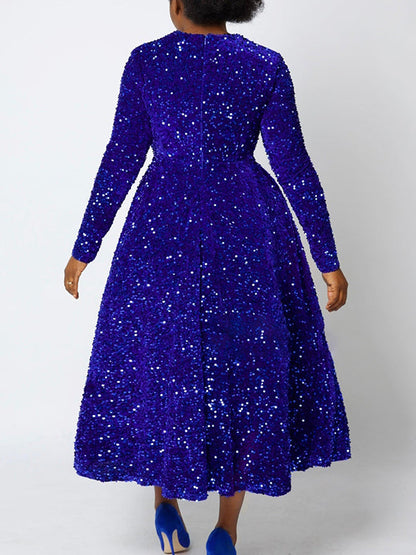 Robe longue trapèze taille haute à paillettes, fermeture éclair fendue et col rond 