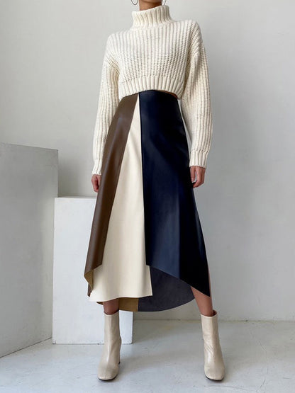 A-Line High Waisted Asymmetric Contrast Color Split-Front Skirts Bottoms