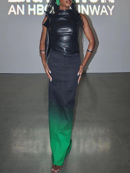 Haut moulant sans manches asymétrique plissé de couleur unie à col montant 