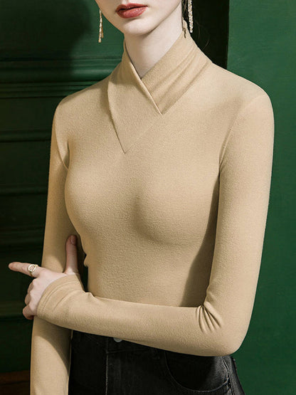 Long Sleeves Plus Size Solid Color Split-Joint V-Neck T-Shirts