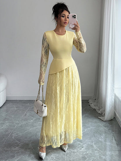 A-Line Irregularity Asymmetric Flower Print Layered See-Through Solid Color Split-Joint Round-Neck Maxi Dresses