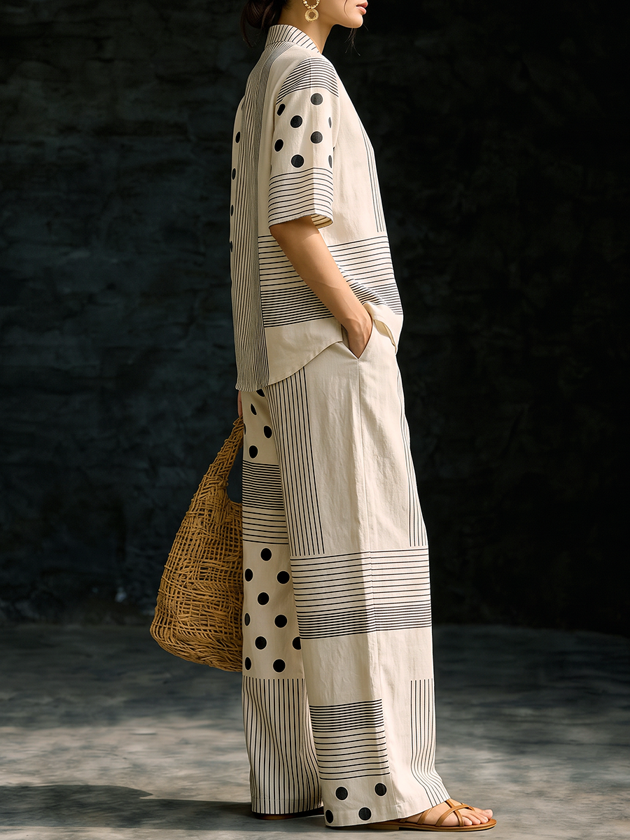 Striped Polka-Dot Pockets Wide Leg Loose Trousers Pants