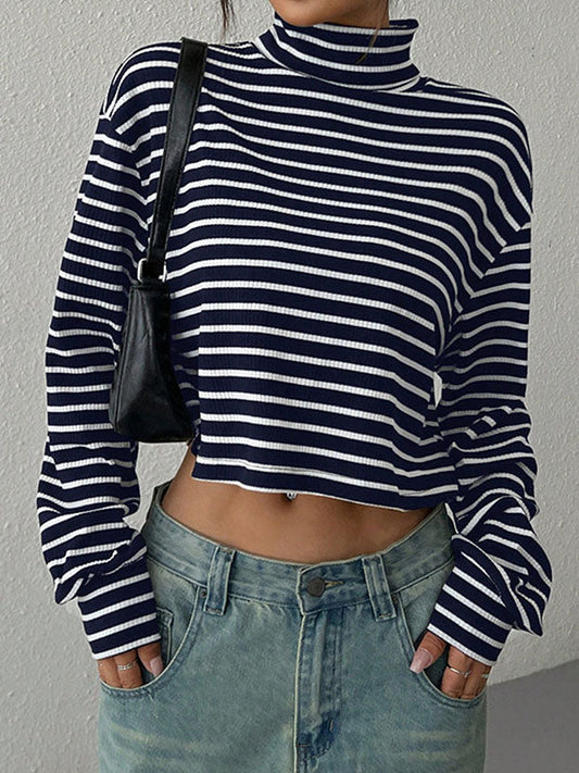 Long Sleeves Loose Contrast Color Split-Joint Striped High Neck T-Shirts Tops