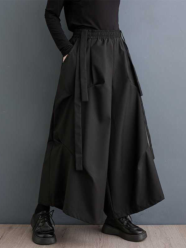 High Waisted Loose Elasticity Pleated Pockets Solid Color Pants Trousers BLACK One_size