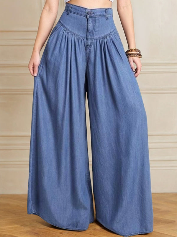 Pantalon en jean ample à jambes larges, boutonné, couleur unie, fermeture éclair 