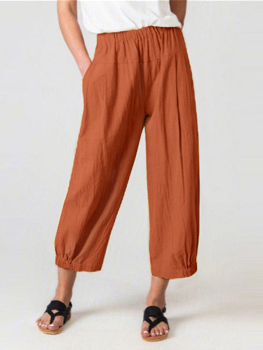 Solid Color Pockets Elasticity High Waisted Trousers Ninth Pants