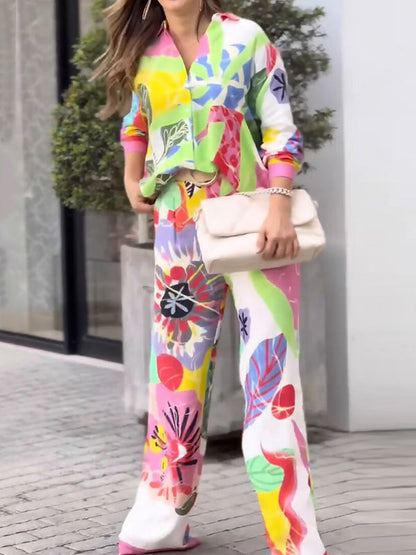 Contrast Color Printed Long Sleeves Buttoned Lapel Blouses Top+ High Waisted Pants Bottom Two Pieces Set