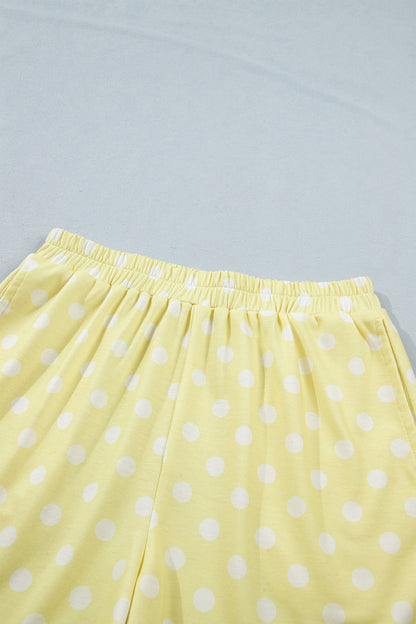 Yellow Polka Dot Print Color Block Trim Mock Neck Short Set