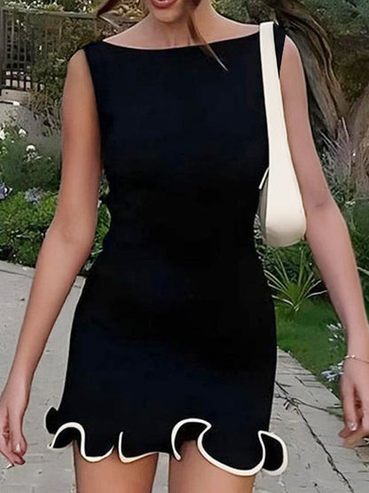 Mini-robes taille haute sans manches à volants et col rond de couleur unie 