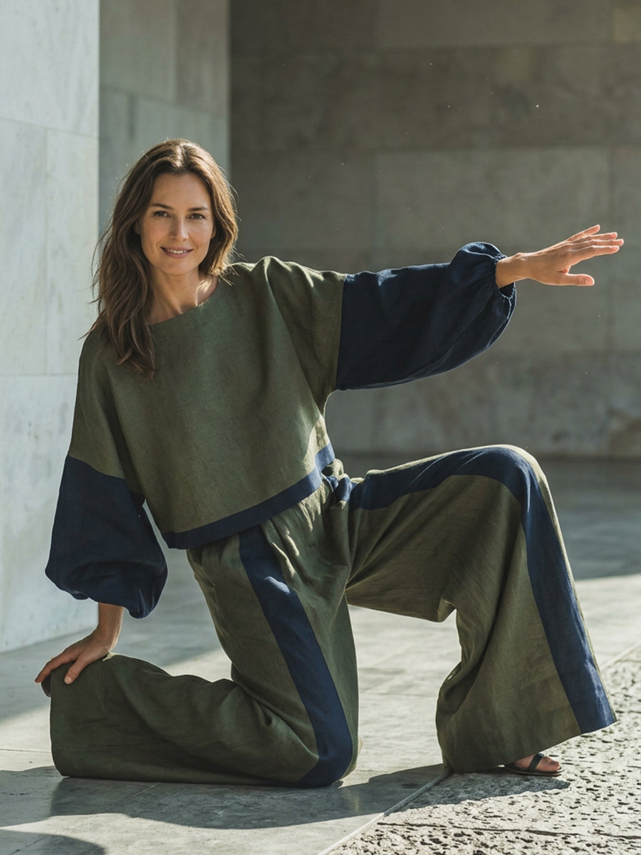 Split-Joint Contrast Color Puff Sleeves Long Sleeves Boat Neck Blouses&shirts Tops
