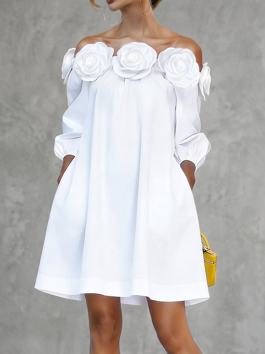 Half Sleeves Loose Pockets Solid Color Three-Dimensional Flower Off-The-Shoulder Mini Dresses