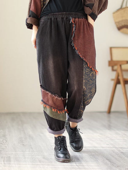 Contrast Color Fringed Split-Joint Long Sleeves Printed Outwear + Harem Pants  Two Pieces Set