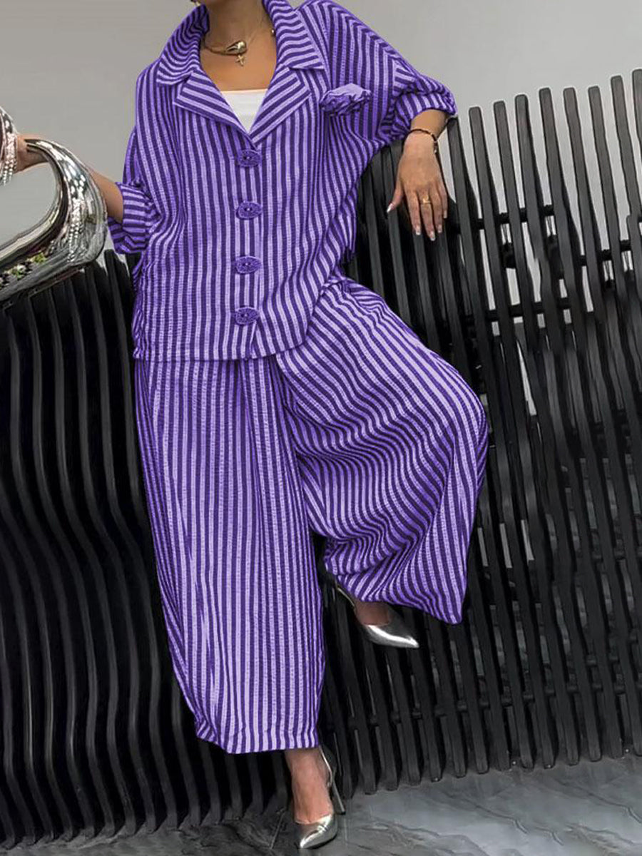 Long Sleeves Loose Buttoned Contrast Color Striped Notched Collar Two Pieces Set