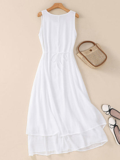 A-Line Loose Double Layered Solid Color Tied Waist Round-Neck Midi Dresses