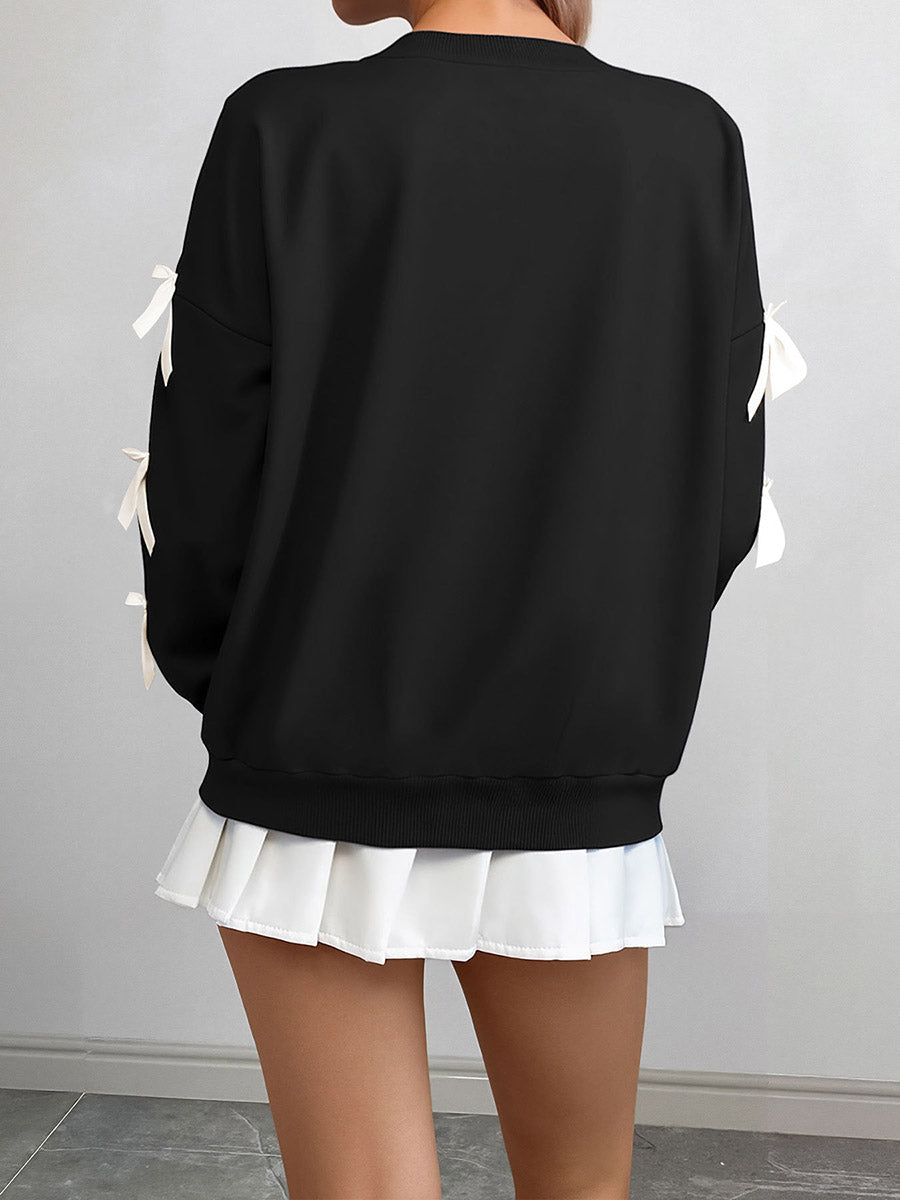 Split-Joint Contrast Color Bow-Embellished Loose Long Sleeves Round-Neck Sweatshirt Tops