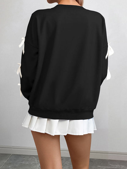 Split-Joint Contrast Color Bow-Embellished Loose Long Sleeves Round-Neck Sweatshirt Tops