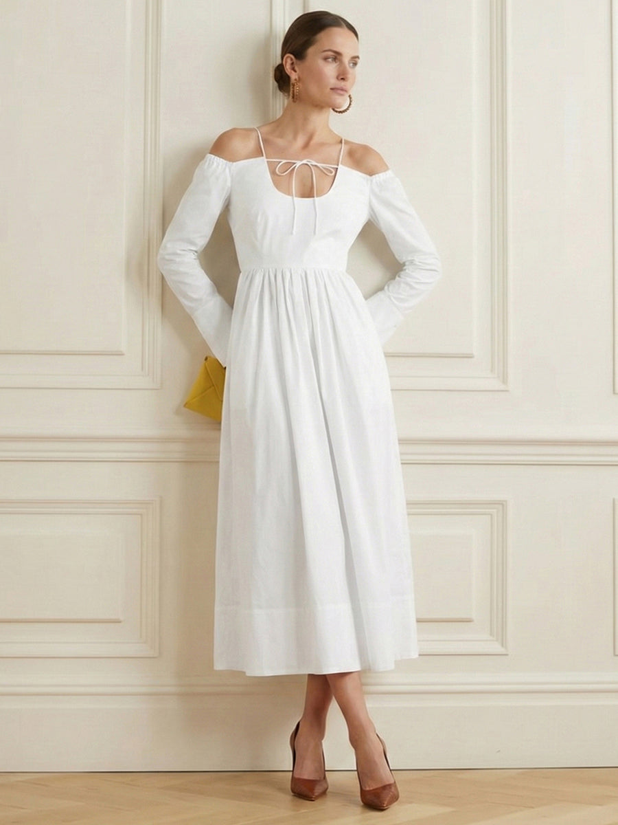 A-Line Elasticated Waist Adjustable Pleated Solid Color Split-Joint Boat Neck Maxi Dresses
